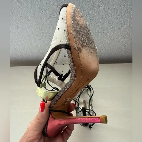 Sophia Webster Mesh Polka Dot Tri Color Metallic Peep Toe Heels Sz: 8 - Picture 12 of 13